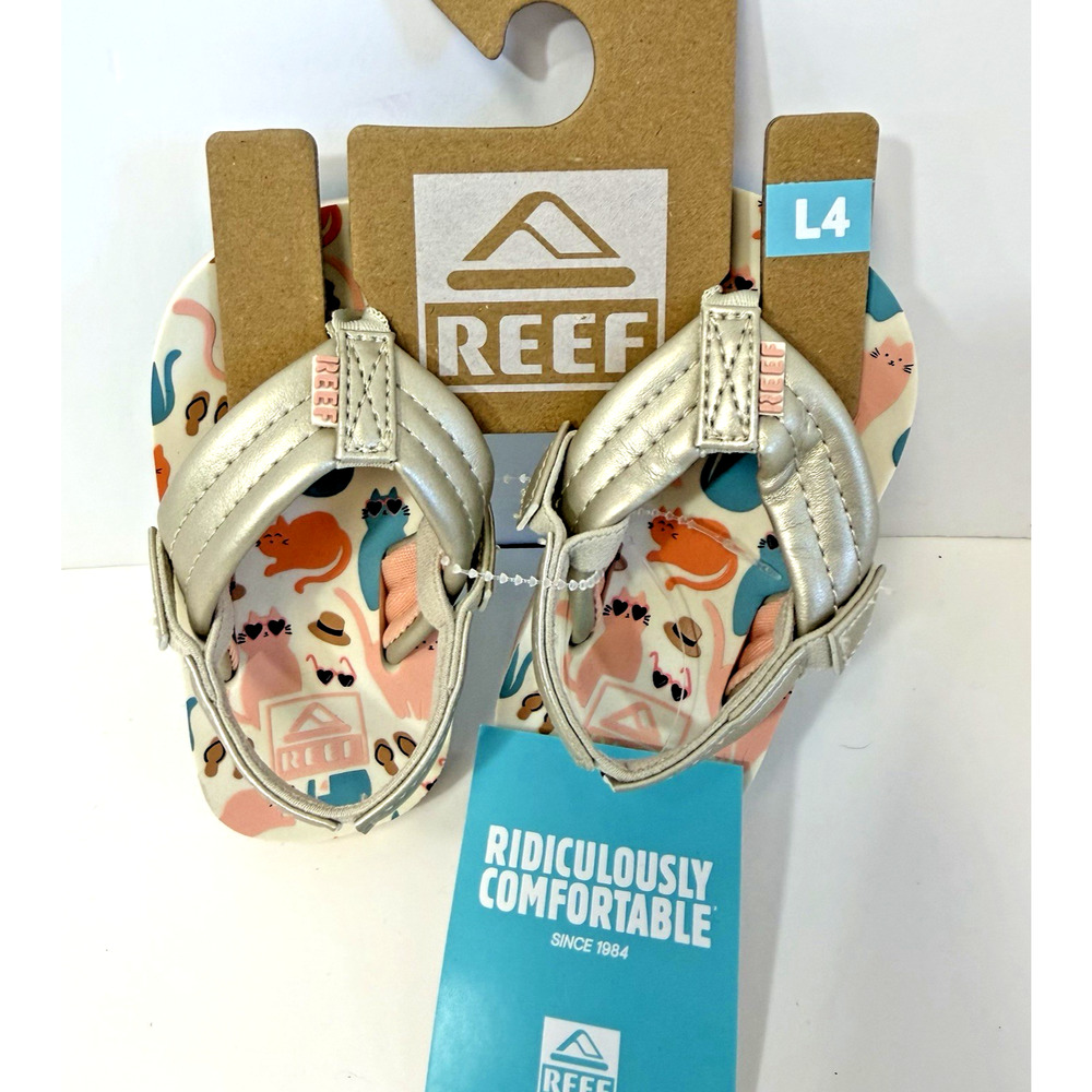 REEF Unisex Kids' Little Ahi Flip Flops Cool Cats CJ3692 Gold New Size 4